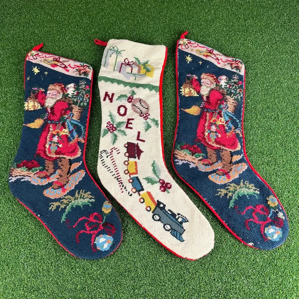 Vintage Handcrafted Needlepoint Christmas Stockings Set of 3 Holiday Decor